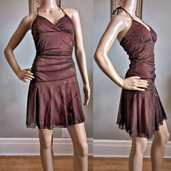 Vintage 90s Taboo Mini Dress Party Drop Waist Glitter Trashy Brown Size M - Picture 1 of 11